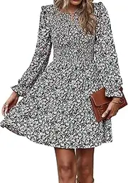 [KIRUNDO] Women's Fall Floral Print Ruffle Long Sleeve Mini Dress Crewneck Smocked High Waist A Line Short Dresses
