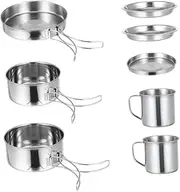 Happyyami Superior Strength Stainless Steel Pot Set Essential Camping Cookware Set for Car Camping Outdoor Cooking BBQ Utensils