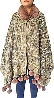 [Generic] Casual Paisley Print Wool Poncho with Faux Fur Trim, Brown and Beige, Pom Pom Detail Women Pullover, Brown/ Beige, One Size