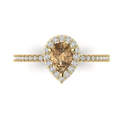 1.32Ct Pear Cut Champagne Gemstone Gold Halo Engagement Promise Bridal Ring