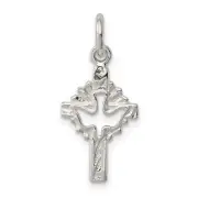 Cut-Out Dove On Cross Charm Pendant In 925 Sterling Silver
