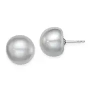 Sterling Silver Rh-Plated 12-13mm Grey Fwc Button Pearl Earrings