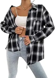 [Risipu] Women Flannel Checked Shirts Ladies Classic Casual Long Sleeve Plaid Shirt Oversized Blouses Tops with Pockets, Black, XL