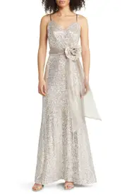 Eliza J Organza Flower Sequin Gown in Silver at Nordstrom, Size 14
