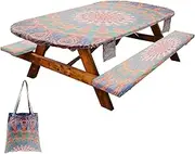 Picnic Outdoor Table Cover, with Bench Cover, Outdoor Waterproof Windproof Tablecloth, with Elastic Edges, Easy to Clean Camping Tablecloth (Bohemian Style)
