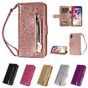 Case For iPhone 16 15 14 13 12 11 X XR 8 7 Zip Leather Wallet Flip Bling Cover