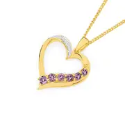 9ct Gold Amethyst & Diamond Heart Pendant in Purple