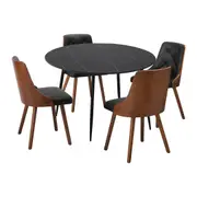 Oikiture 110cm Round Dining Table with 4PCS Dining Chairs Faux Leather Black