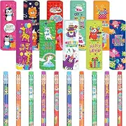 Noveread 100 Pcs Happy Birthday Scented Pencils and Bookmarks Set 50 Scratch and Sniff Bookmarks 50 Scented Cartoon Pencils with Eraser for Kids Birthday Gift Students Classroom Supplies