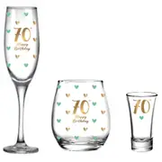 3pc LMD 70th Birthday Champagne/Stemless/Shot Glass Drinkware Set Clear
