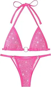 [Balasami] Women's Liquid Metallic Rainbow Bikini Sets Shiny String Padded Triangle 2 Pieces Swimsuit Set