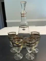 NOS Vtg Hand Made Crystal USSR 7pc Decanter Cordial Glasses 24k Gold Accent IOB