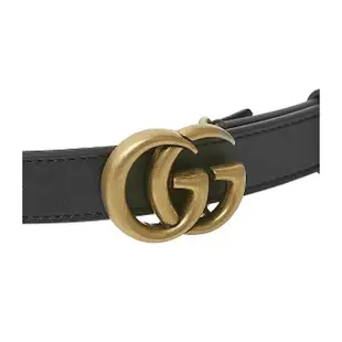 【GUCCI 古馳】409417 經典仿舊金色金屬雙G LOGO滑面小牛皮細版釦式腰帶/皮帶(黑色)