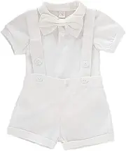 [RUSHAIBAR] Baby Boys Gentleman Outfits Set Short Sleeve Romper with Tie and Overalls Bib Pants Wedding Tuxedo Outfits - Blue - 12-18 Months