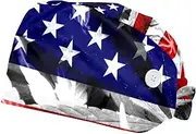 [WOSHJIUK] Working Hat 2 Pack Scrub Caps for Women,Leaf Print American Flag,Tie Back Cap Adjustable Scrub Hat