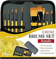 Exerz Acrylic Paint Brush Set 10 pcs Synthetic Hair Artist Professional Brushes in a Travel Case/Perfect for Acrylic Watercolour Gouache & Face Paint - Acrylic