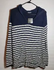 Eddie Bauer Women's Sz Xlg Striped Hooded Sweater Navy White Kangaroo Pocket New