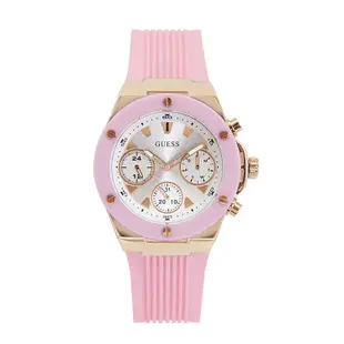 GUESS原廠平輸手錶 | 玫瑰金框 白面 三眼日期顯示 紋理面盤 圓型腕錶 粉色矽膠錶帶 女錶 (GW0030L4)