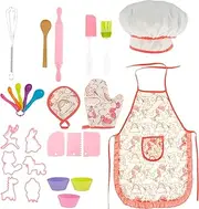 25/26Pcs Kids Baking Set with Apron, Kitchen Role Play Toys, Kid Cooking Set with Chef Hat Spoons Whisk, Chef Dress Up Role Play Gifts for Girls Boys Aged 3 4 5 6 7 8 (Pink)