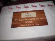 NIP PANAMA JACK EMBROIDERED PINK FLAMINGO KING SHEET SET 1FIT 1FLAT 2KING PILLOW