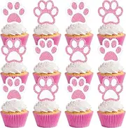 Weecent 36 Pcs Paw Cupcake Toppers Pink Glitter Dog Paw Cake Decorations Glitter Puppy Cupcake Toppers for Baby Shower Boys Girls Birthday Party Cake Supplies (2 Styles)