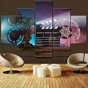 Movie Theater Decor Vintage Film Clapper Paintings Movie Projector Picture Old Cinema Artwork for Living Room 5 Piece Canvas Wall Art Modern House Decor HD Prints Framed Ready to Hang(60''Wx 40''H)
