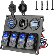 WAZIJ 12-24V 4 Gang Toggle Blue LED Rocker Switch Panel Circuit Breaker Waterproof for Car Marine Boat