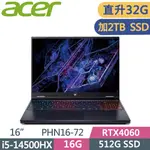 ACER PREDATOR PHN16-72-517P 黑(I5-14500HX/16G+16G/512G+2TB SSD/RTX4060-8G/165HZ/16)特仕