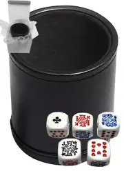 Premium Poker Dice Rounded Corners White + PU Leather Black Felt Lined Dice Cup
