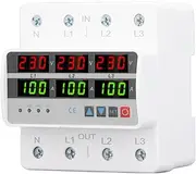 Voltage Protection Device, 3-Phase DIN Rail Over Under Voltage Limiter, 100A AC220V/380V Self Resetting Protector for Industrial Power