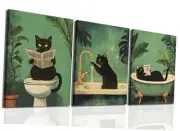 Funny Bathroom Black Cat Wall Art Set of 3, Cute Animal Canvas 12x16 inch Green