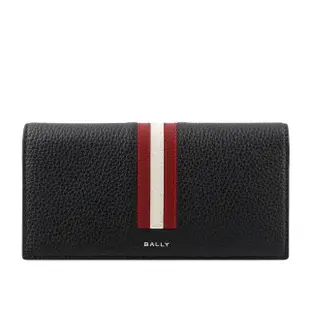 【BALLY】Ribbon 紅白條紋牛皮對開長夾(黑)