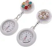 [ANDRESLAD] 2pcs Nurse Pocket Watch Watches Ladies Brooch Fob Chain Men Vintage Woman Reels Light Pin Fanny Watch Retractable Nurses Digital Watch Small Nurse Watch Rhinestones White
