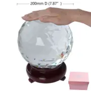 200mm D Cut Crystal Ball Sphere Clear Prism Wood Rotatable Stand 7.87"