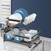 TOQUE Dish Rack Drying Drainer Kitchen Storage Organizer Cup Holder Detachable 2 Tier Cutlery Utensiles Storage Black