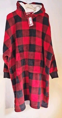 M &S OODIE RED/BLACK CHECK FLEECE OVERSIZED HOODIE ONE SIZE BNWT