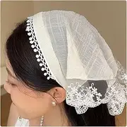 Lace Hair Bandana Headband for Women French Pastoral Hair Scarf Head Cover for Teen Girls Triangle Bandana Hair Kerchief for Long Hair Scarves White Head Scarf for Women