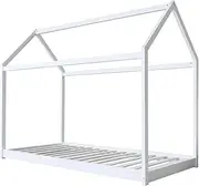 Kids Montessori Floor Bed Single Size House Bed with Fence Wooden Floor Bed for Kids Single Bed Frame for Girls Boys White