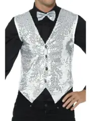 Silver Sequin Waistcoat Vest Dance 20s Mardi Gras Ringmaster Magician Costume