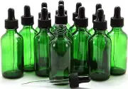 12, Green, 2 Oz Glass Bottles, with Glass Eye Droppers