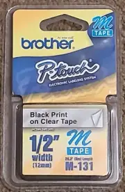 Brother M131 P-Touch Tape M-131, Black Print On Clear Tape 12mm For 1/2” MTapes