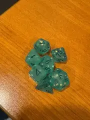Dice set of 7 - green sparkle, polymer - D4, D6, D8, D10, D12, D20, D100