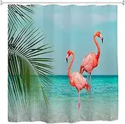 A.Monamour Shower Curtain Waterproof Fabric Pink Flamingos Standing in Clear Blue Sea Tropical Green Coconut Palm Leaves Polyester Bathroom Bathtub Curtain with 12pcs Hooks 72 x 72 Inches