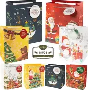 Christmas Bags w/ Gift Tags, 18 PCS 8 Different Designs Xmas Gift Bags w/Handles