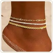 [ZHESHY] Gold Ankle Bracelets for Women 14K Gold Plated Anklets for Women Waterproof Non Tarnish Dainty Layered Heart Cuban Link Beaded Anklets Set Summer Beach Stuff Jewelry Gifts for Women Trendy
