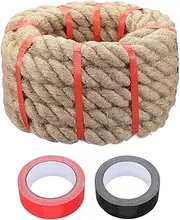 sourcing map Jute Rope 1.5 Inch x 20ft, Heavy Natural Thick Twine Rope with 2 Roll Tapes, Twisted Manila for Crafts Railing Docks Tug of War Swing Nautical Landscaping