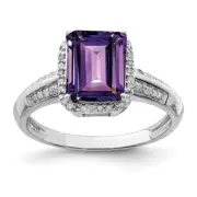 Sterling Silver Rhodium-plated Octagonal Amethyst & Diamond Ring Size 7