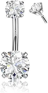 [Morfetto] 14G Surgical Steel G23 Titanium Sterling Silver 14K Gold Belly Button Rings for Women Round Zirconia Navel Barbell Stud Earrings Hypoallergenic Piercing Jewellery, Stainless Steel