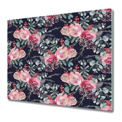 Glass Chopping Board Worktop Saver Dark floral Roses with Rowan Vintage 60x52