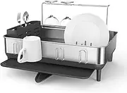 simplehuman Kitchen Dish Drying Rack with Swivel Spout, Fingerprint-Proof Stainless Steel Frame, Grey Plastic, 2022 Model